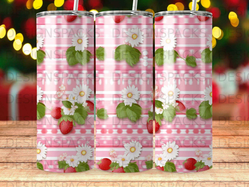 Pink plaid tumbler with strawberries and white flowers design.