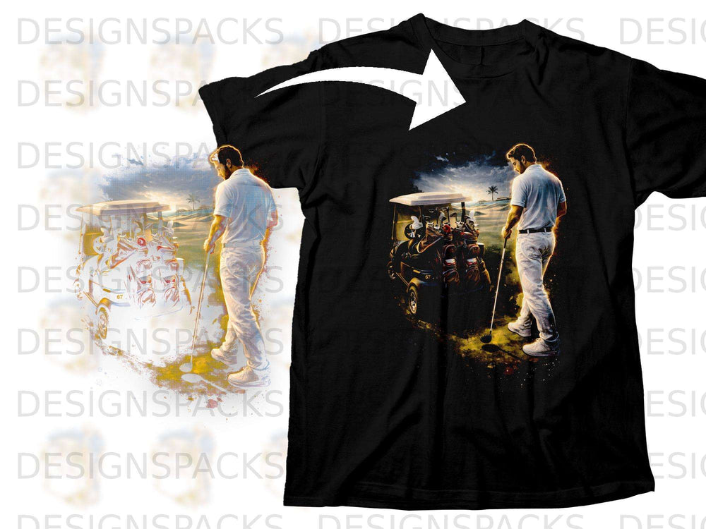 Black t-shirt with golfer and golf cart graphic at sunset.