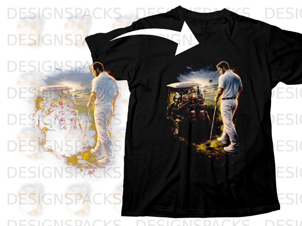 Black t-shirt with golfer and golf cart graphic at sunset.