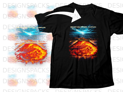 Black t-shirt with Red Hot Chili Peppers Californication album art featuring a lava pool.