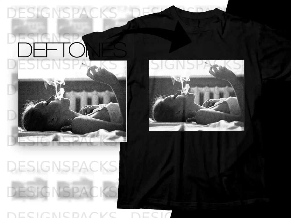Deftones band logo and artwork on a black t-shirt.