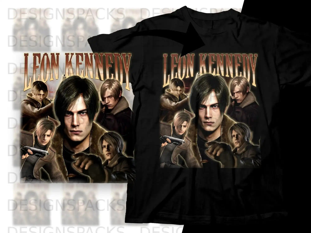 Leon Kennedy portrait with guns, from Resident Evil, on a black t-shirt.