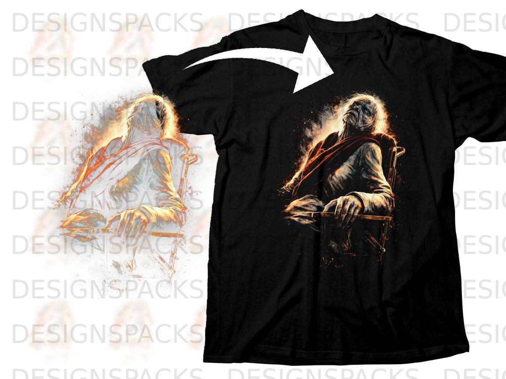 Black t-shirt with a graphic of an elderly man in a chair with a red shawl.
