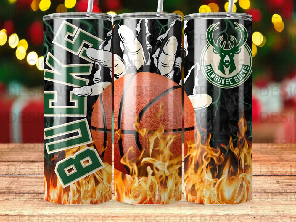 Milwaukee Bucks basketball tumbler with flames and team logo.