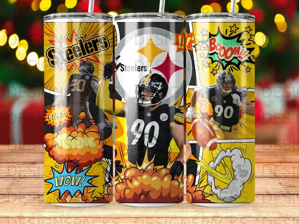Pittsburgh Steelers players and logo with comic book style action bursts.