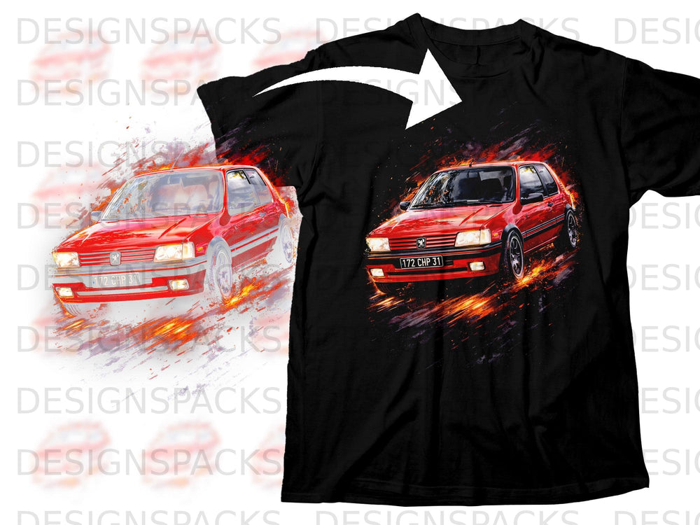 Red Peugeot 205 GTI on black t-shirt with flame graphic and license plate "172 CHP 31".
