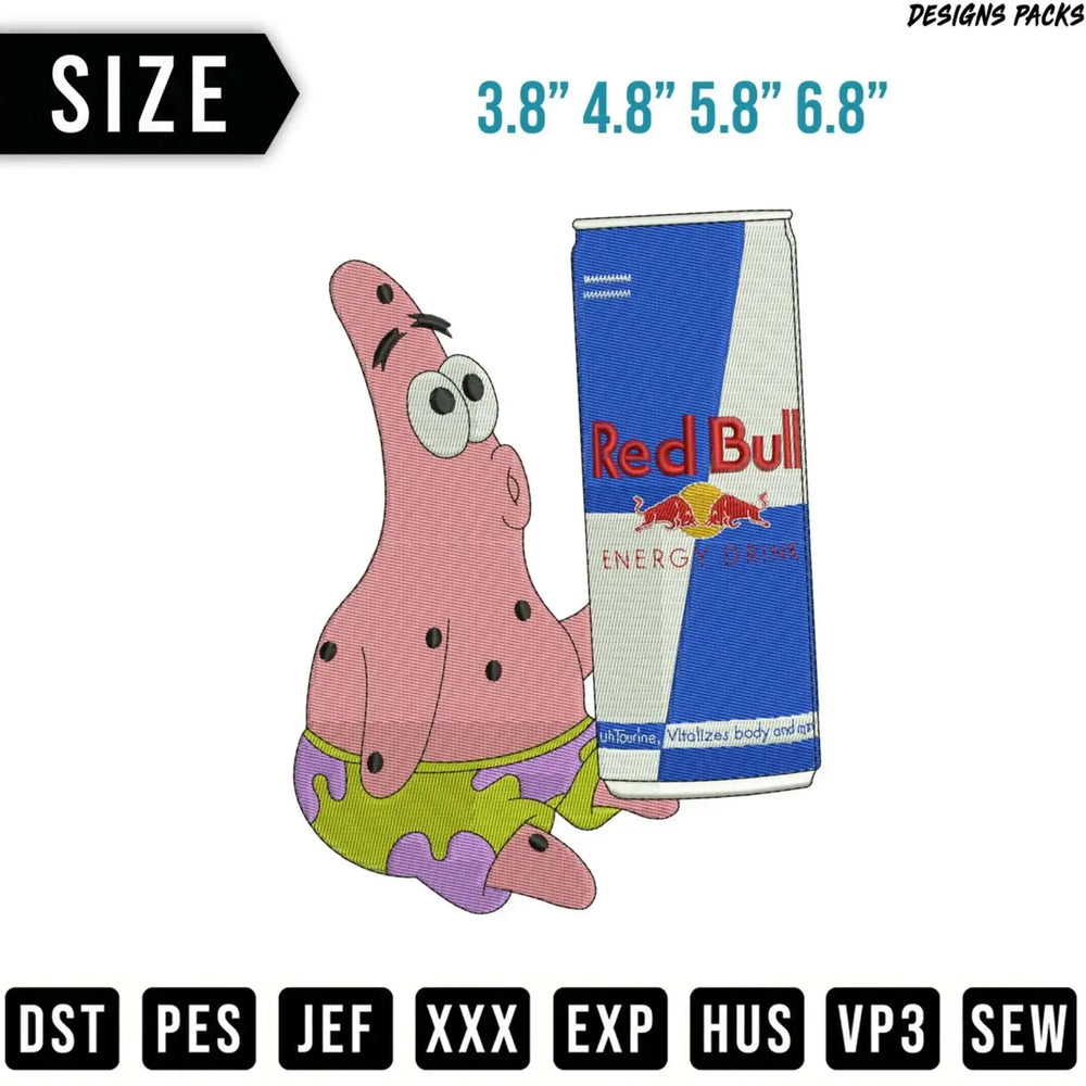 Patrick Star holding a Red Bull can with embroidery file formats listed.