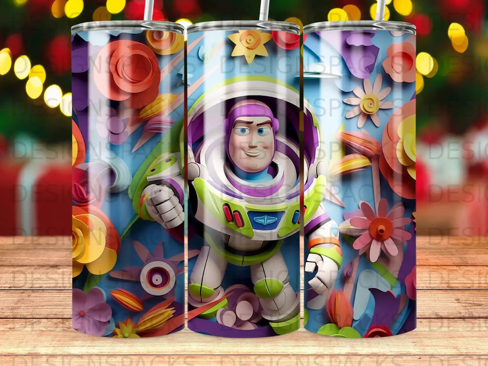 Buzz Lightyear on a colorful, floral background with papercraft elements.