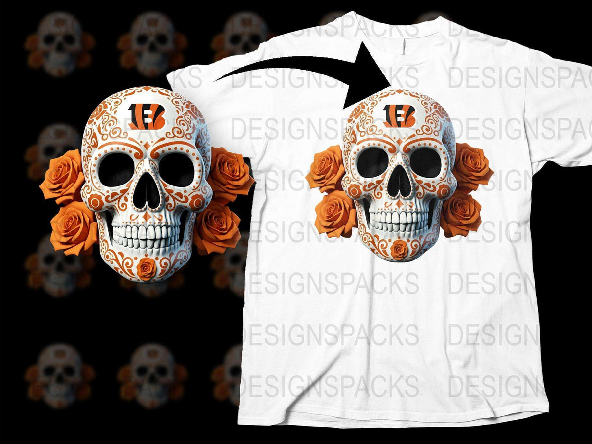 Day of the Dead Skull T-Shirt, Floral Sugar Skull, Orange Roses, Halloween Tee, Unisex Graphic Shirt