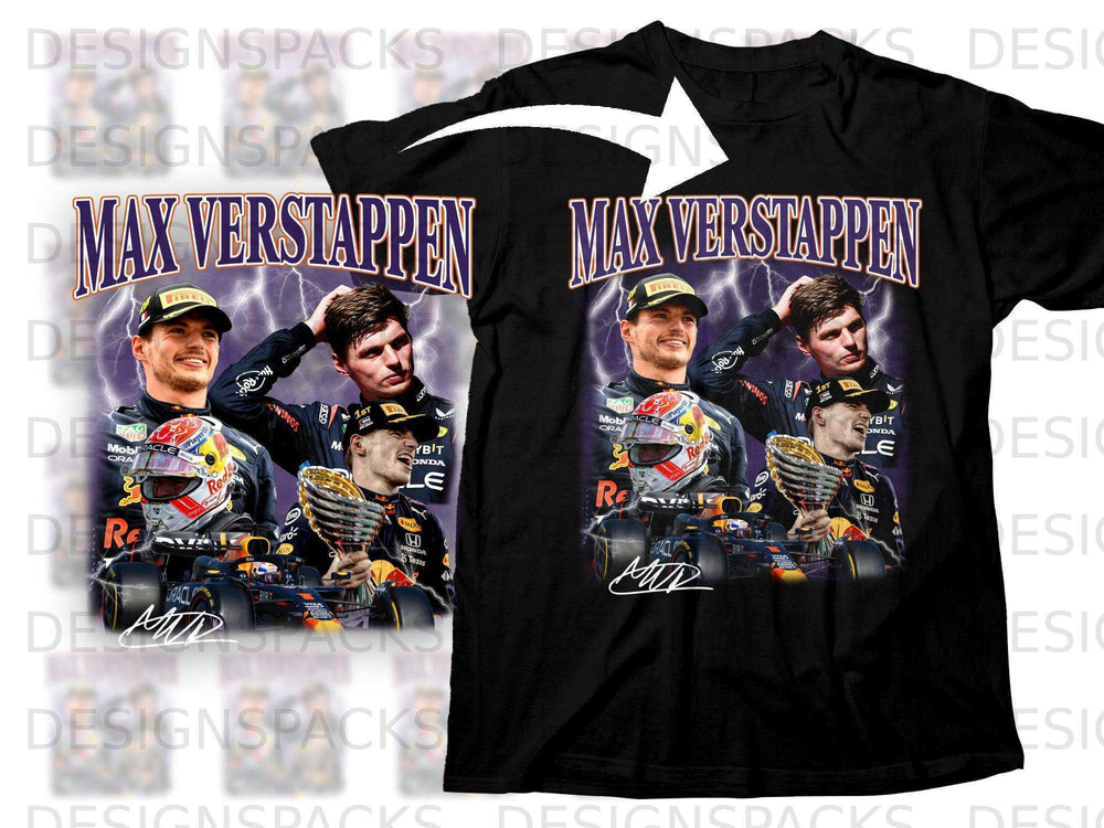 Max Verstappen graphic t-shirt with stylized portrait and car.