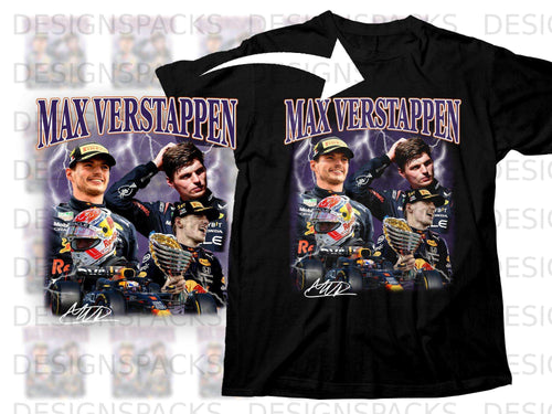 Max Verstappen graphic t-shirt with stylized portrait and car.