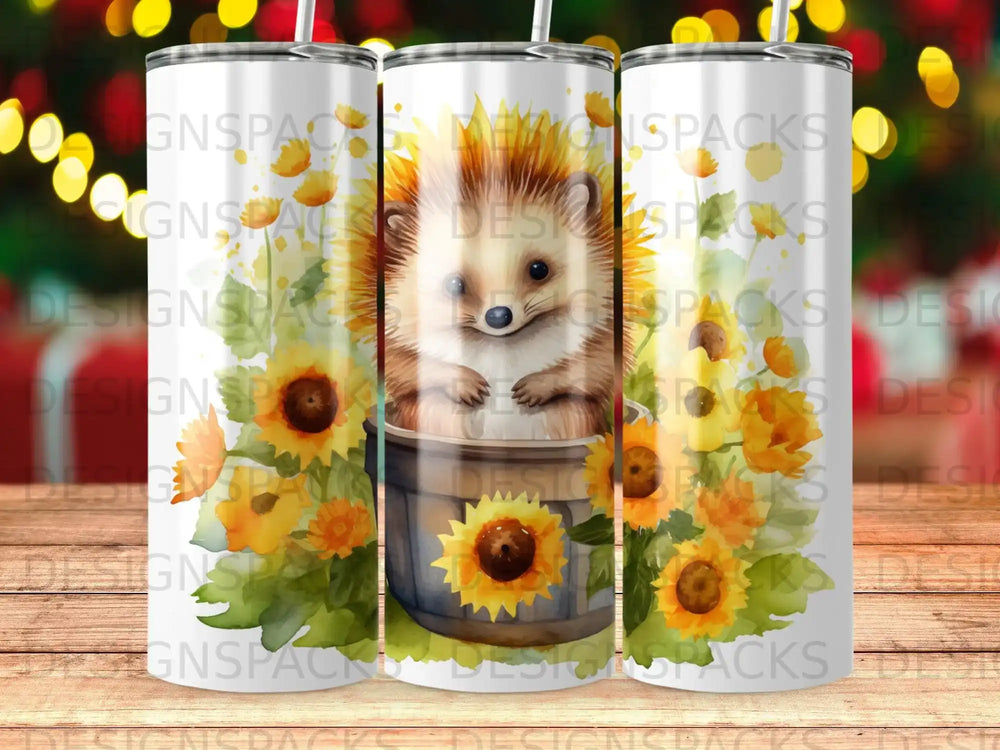 Watercolor hedgehog in bucket surrounded by sunflowers.