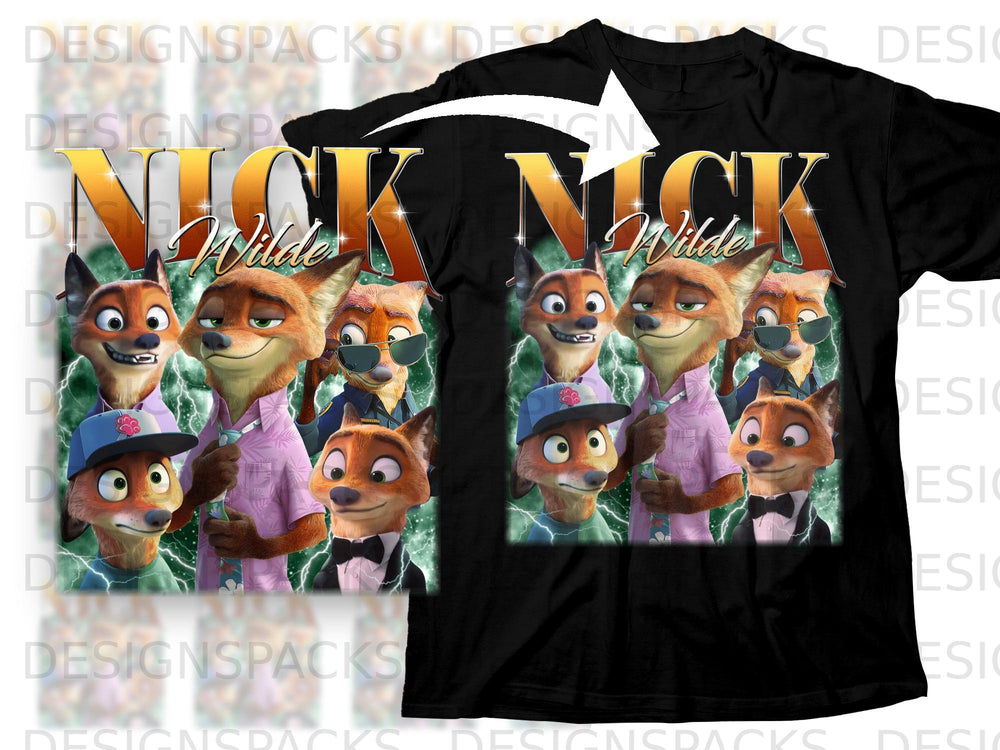Zootopia characters Nick Wilde and Judy Hopps on a black t-shirt.