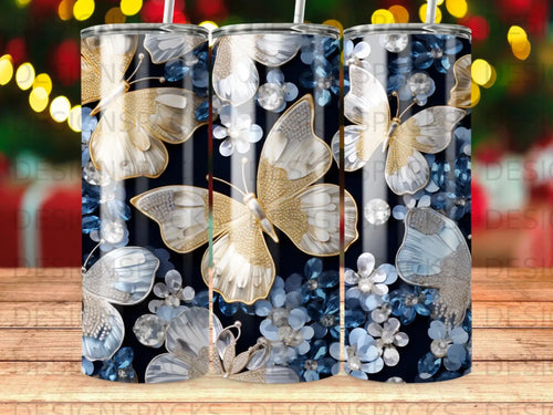 Triptych of tumblers with iridescent butterflies and floral accents on a dark background.