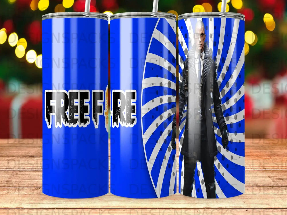 Free Fire character on a blue radial pattern tumbler.