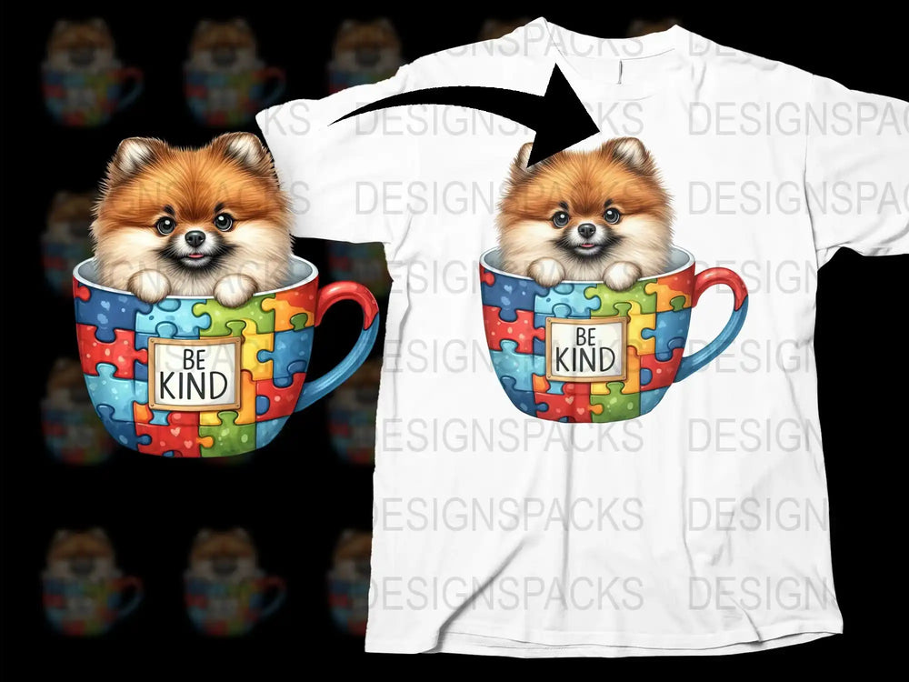 Cute Pomeranian in Mug T-Shirt, Colorful Puzzle Pieces, Be Kind Message, Animal Lover Gift