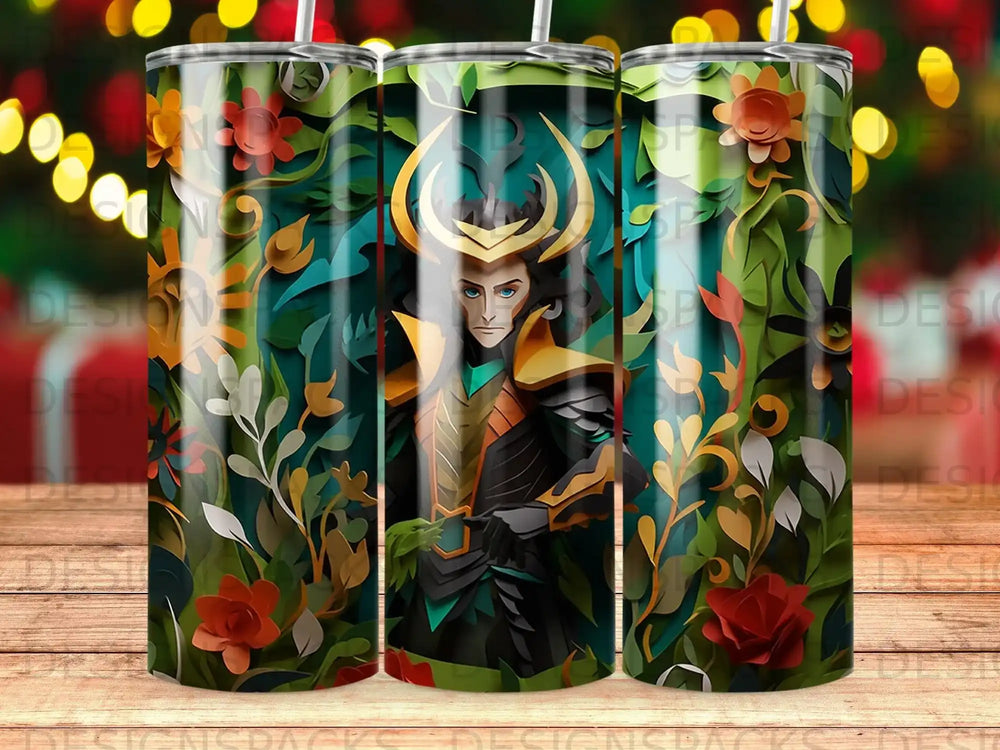 Loki in ornate armor and helmet amidst a lush, stylized floral background.
