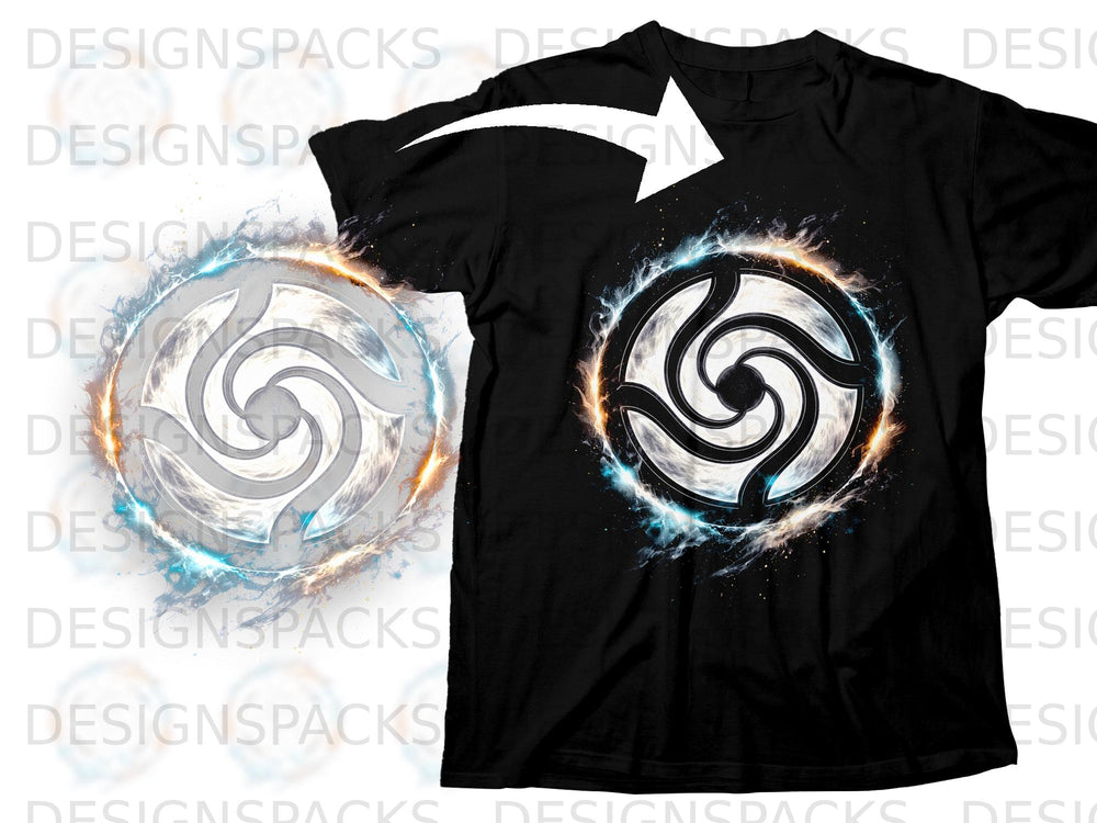 Black t-shirt with a white swirl design bordered by blue and orange fire.