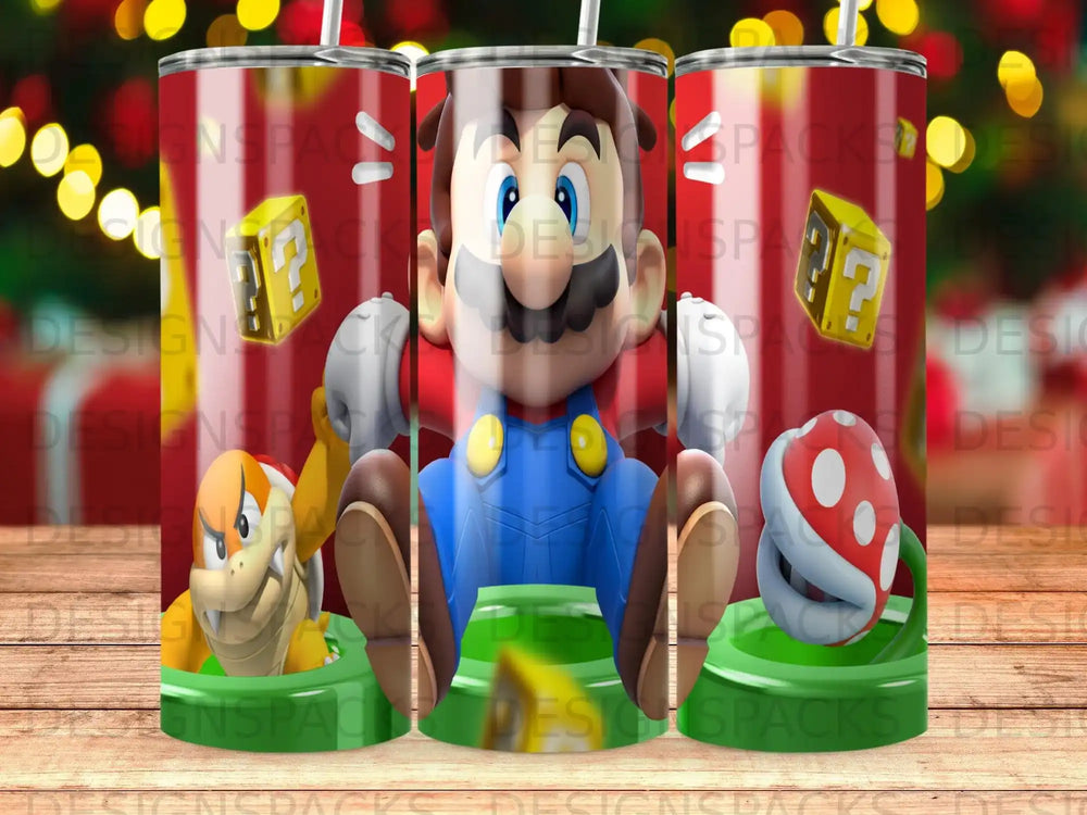 Mario character with Bowser Jr. and a Piranha Plant on a tumbler.