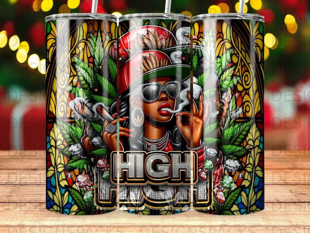 Woman smoking with cannabis leaves, gems, and stained-glass background.