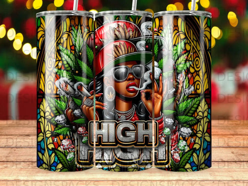 Woman smoking with cannabis leaves, gems, and stained-glass background.