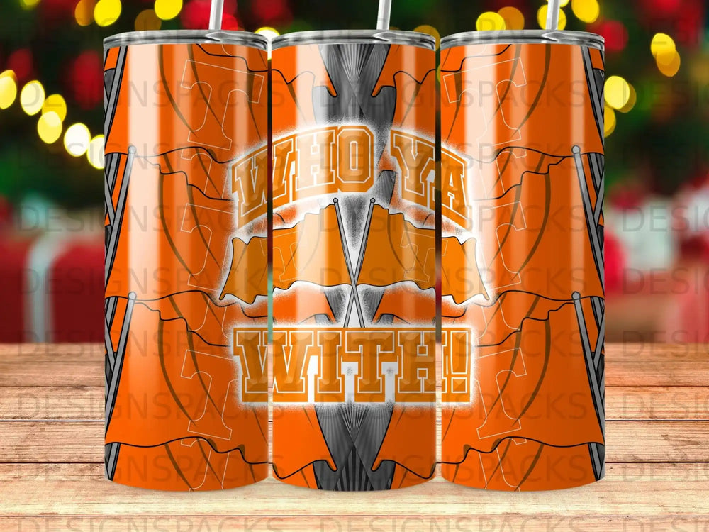 Orange basketball court pattern with "WHO YA WITH!" text on tumblers.