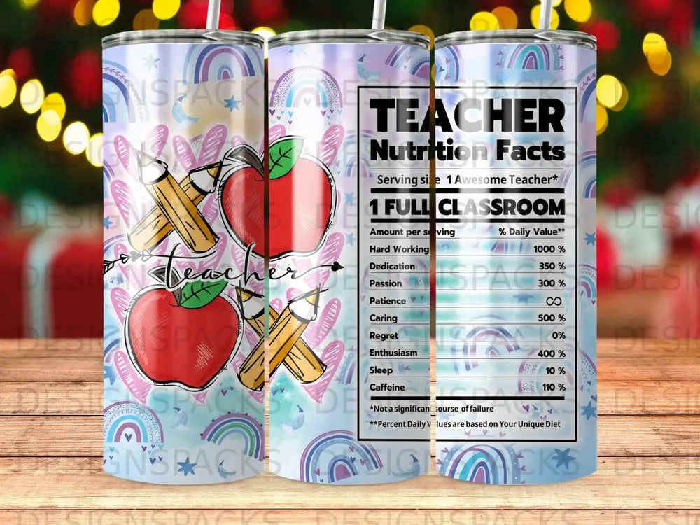 Teacher nutrition facts label with apples and pencils design.