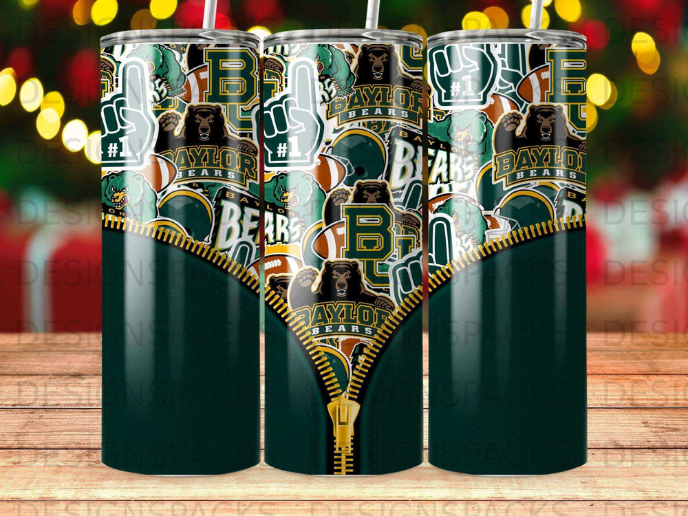 Green tumbler with Baylor Bears logo, foam fingers, and footballs, featuring a zipper design.