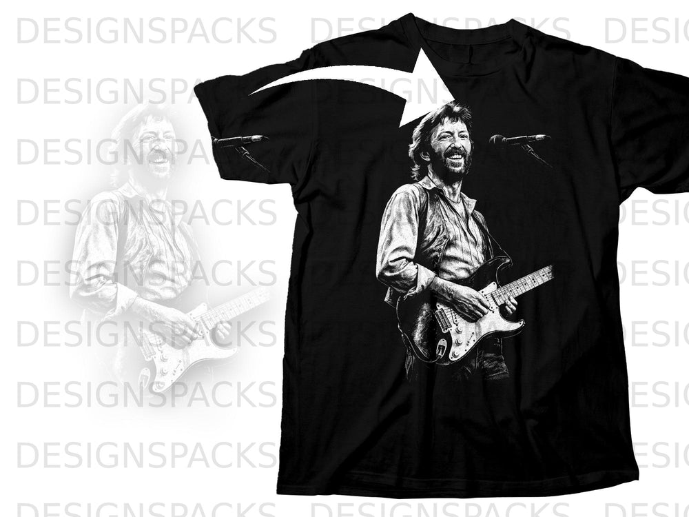 Black t-shirt with black and white graphic of Eric Clapton playing guitar.
