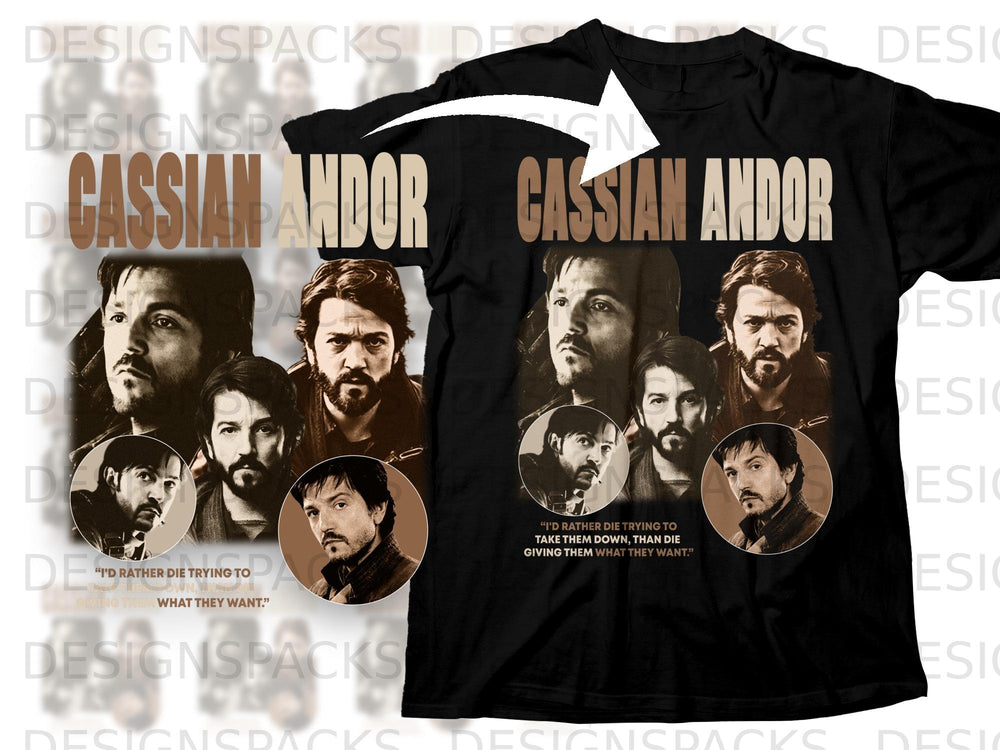 Black t-shirt with Cassian Andor title and collage of character portraits.