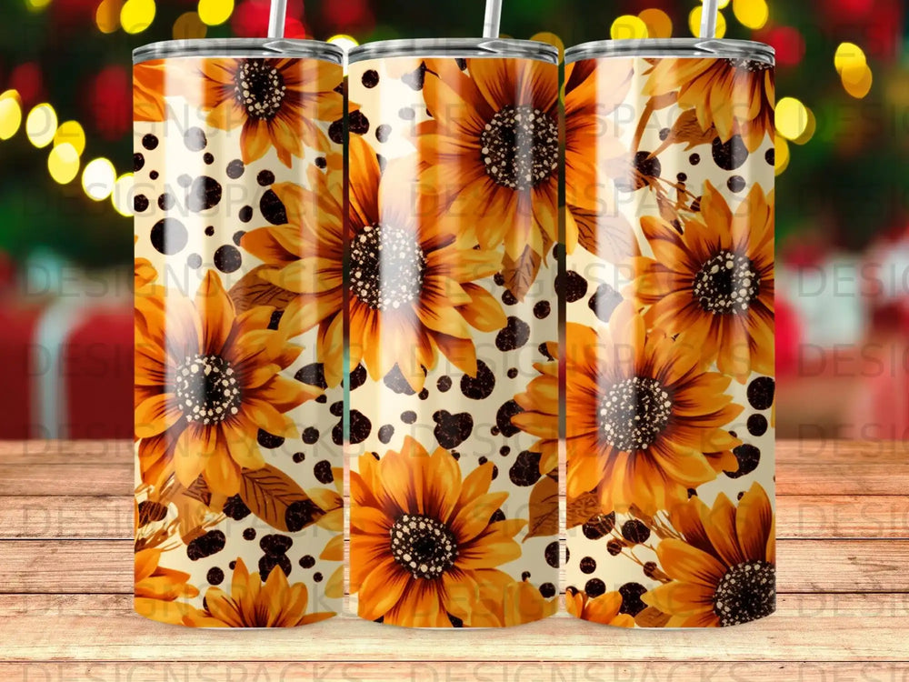 Sunflower pattern on a tumbler with bokeh background.