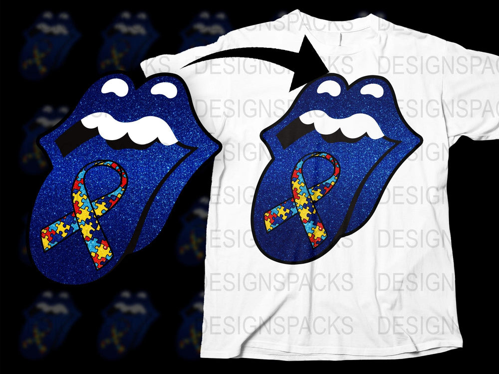Rolling Stones Inspired Autism Awareness Glitter Lip T-Shirt, Colorful Puzzle Piece Graphic Tee