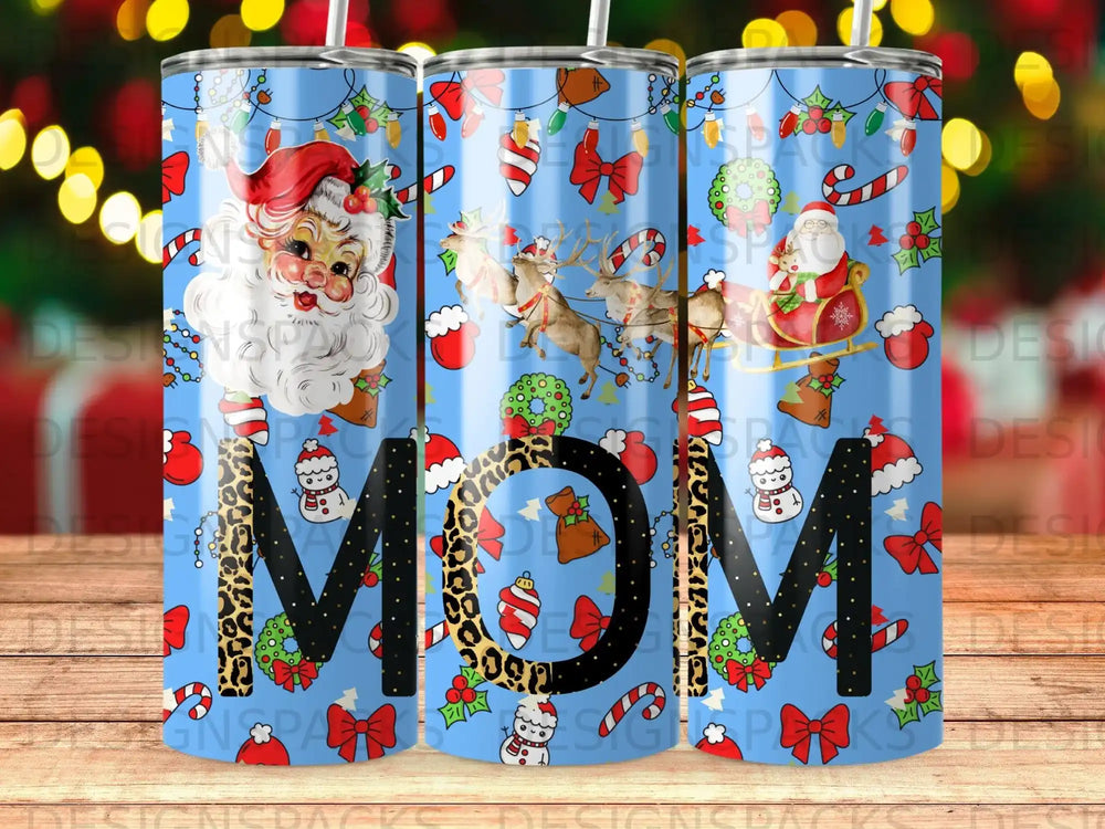 Blue tumbler with Santa, reindeer, candy canes, and "MOM" in leopard print.