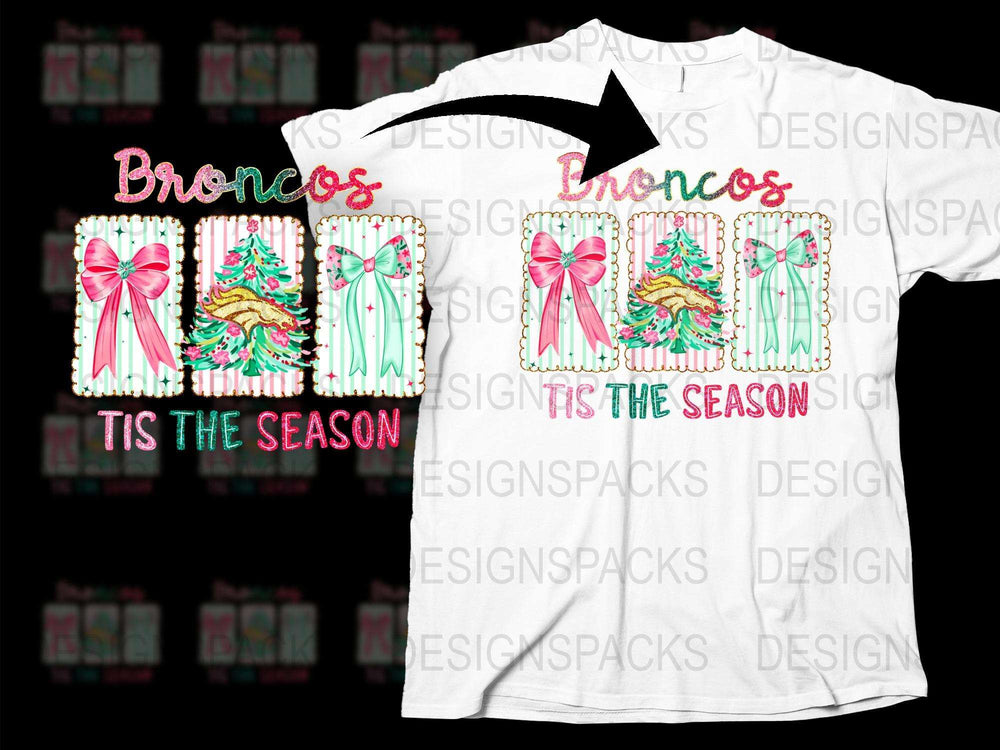 Broncos Tis the Season Holiday T-Shirt, Festive Christmas Tee with Bow Design, Colorful Casual Winter Apparel