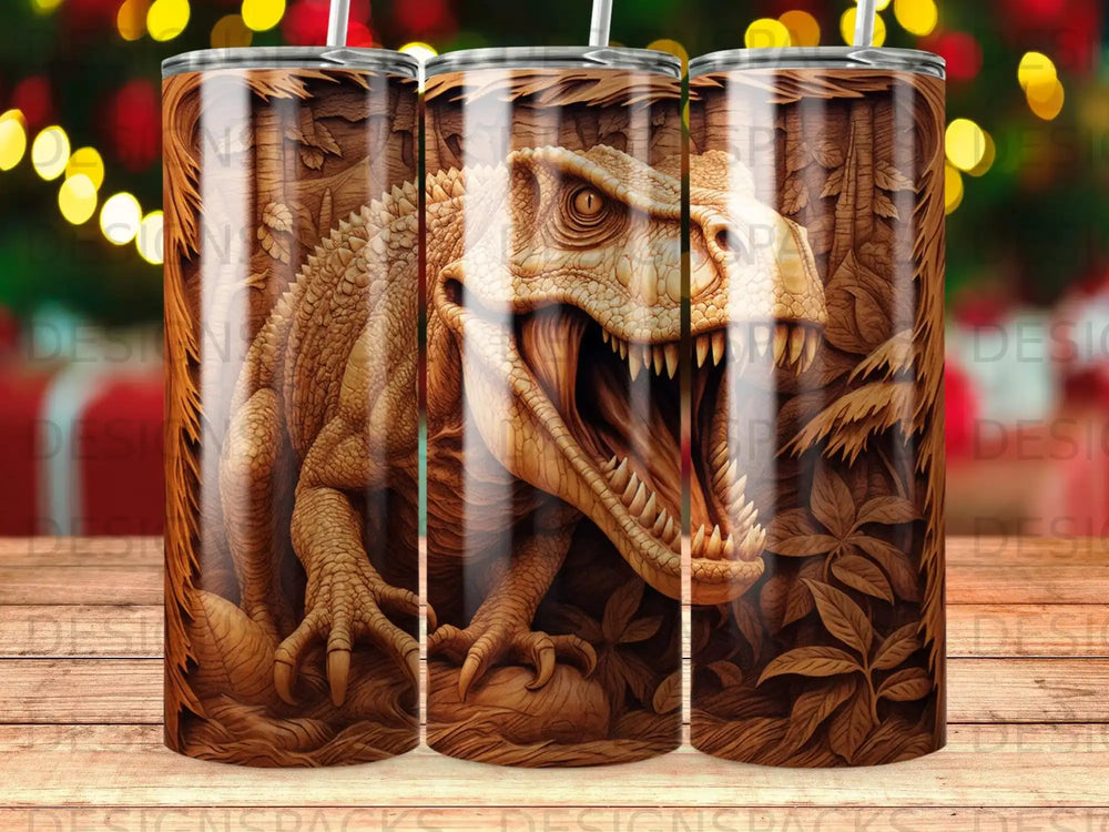 Dinosaur illustration on a tumbler with a wood grain and leafy background.