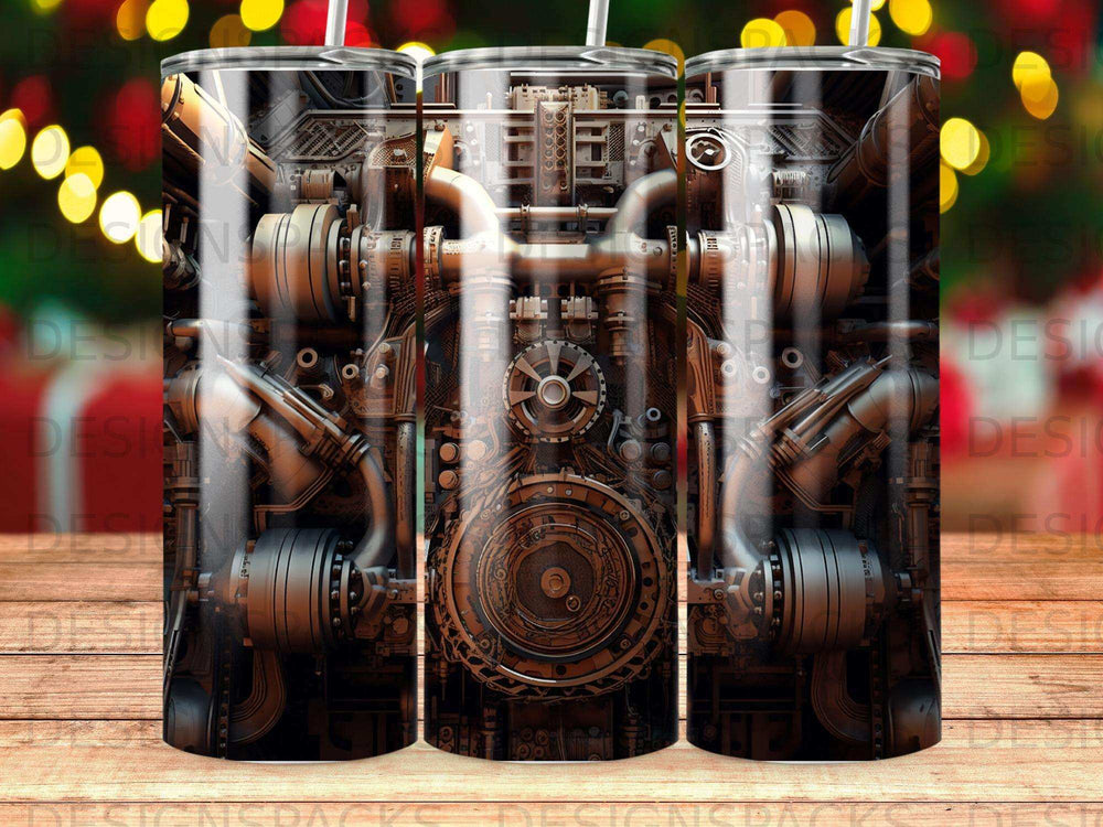 Steampunk mechanical design on a three-pack of tumblers.