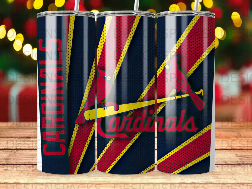 Cardinals logo on a blue, red, and yellow striped tumbler.