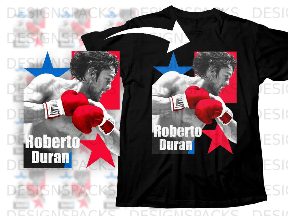 Black t-shirt featuring Roberto Duran boxing graphic with red and blue stars.