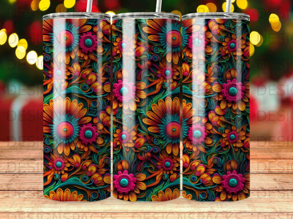 Floral pattern tumbler with colorful, stylized flowers and metallic accents.