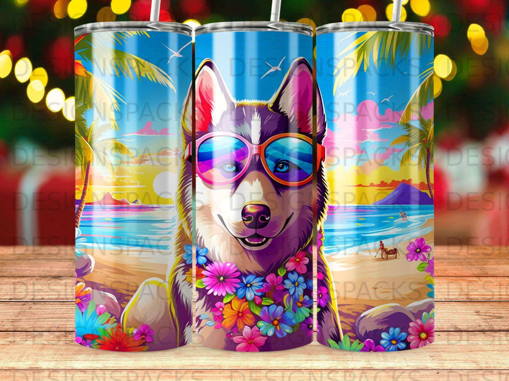 Husky dog wearing sunglasses and a flower lei, with a beach scene background.