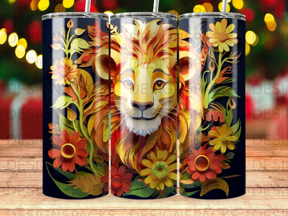 Triptych of tumblers featuring a lion's head surrounded by floral motifs.