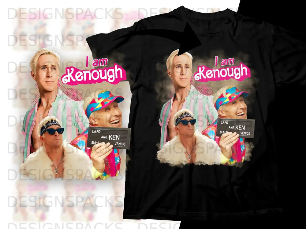 T-shirt with multiple images of Ryan Gosling as Ken, text "I am Kenough", and LAPD mugshot.