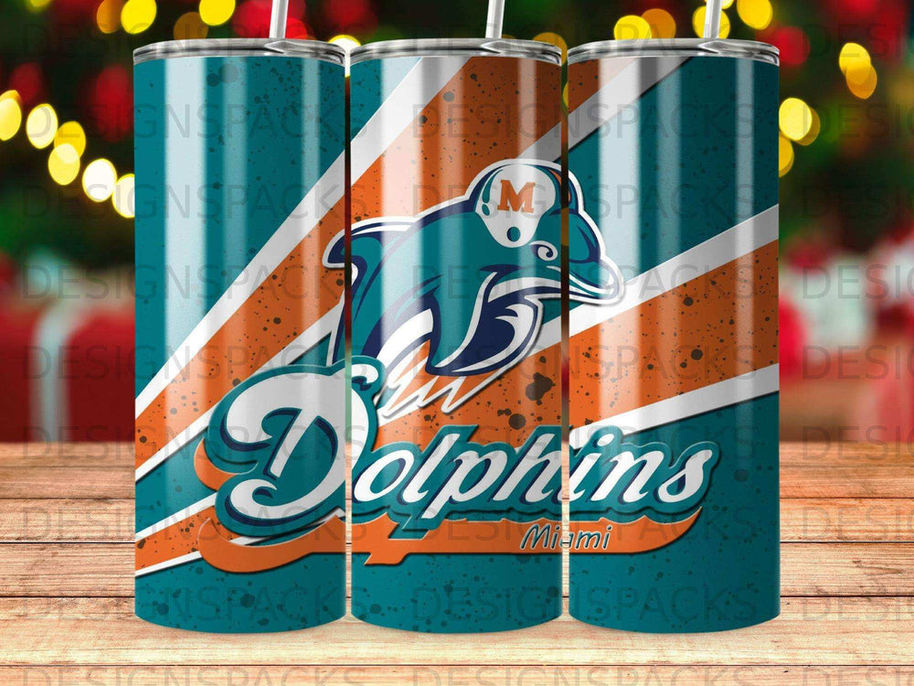Miami Dolphins logo on a tumbler with diagonal stripes and blurry bokeh background.