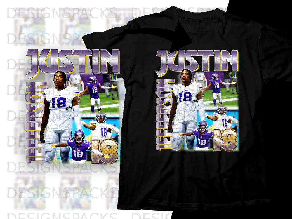 T-shirt with Justin Jefferson graphics, Vikings jersey, and "18".