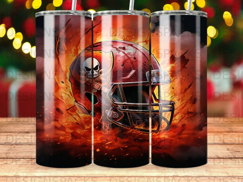 Tampa Bay Buccaneers helmet surrounded by flames.