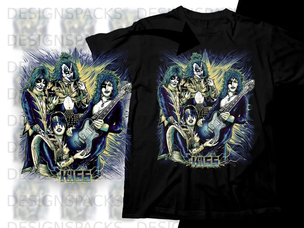 KISS band members in elaborate costumes, playing guitars, on a black t-shirt.