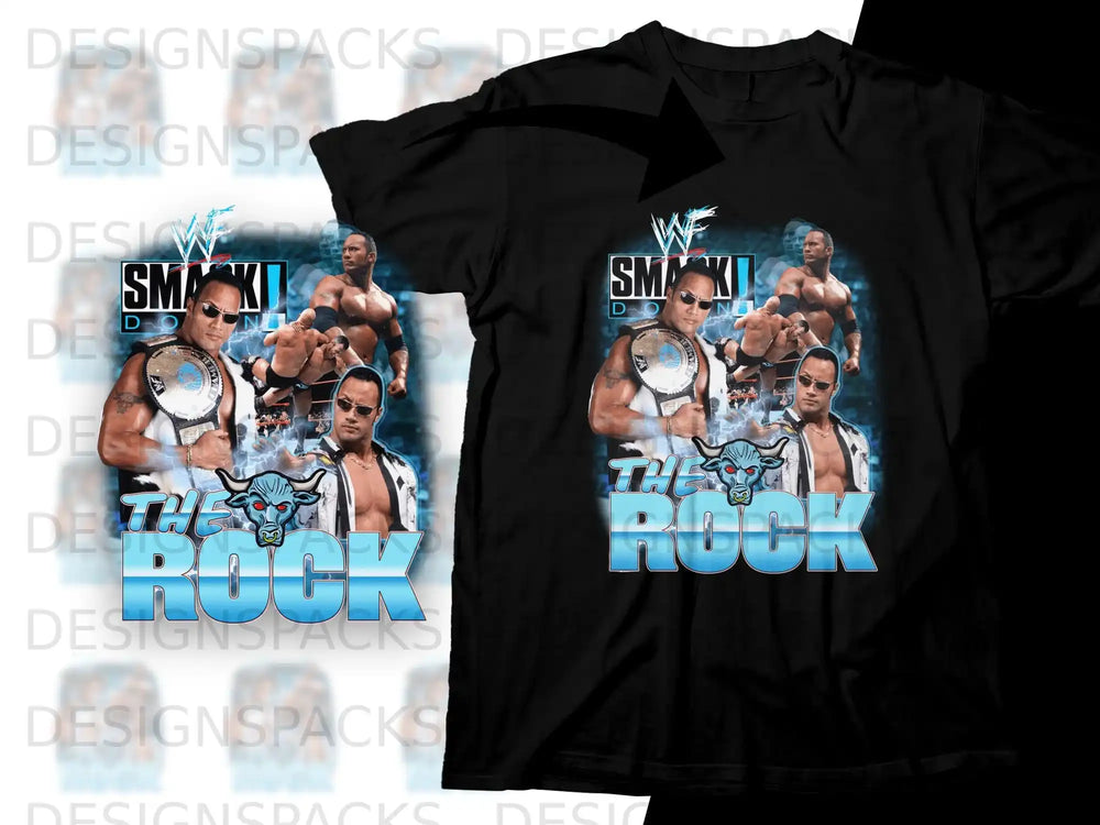 Black t-shirt featuring The Rock with championship belts and "THE ROCK" text.