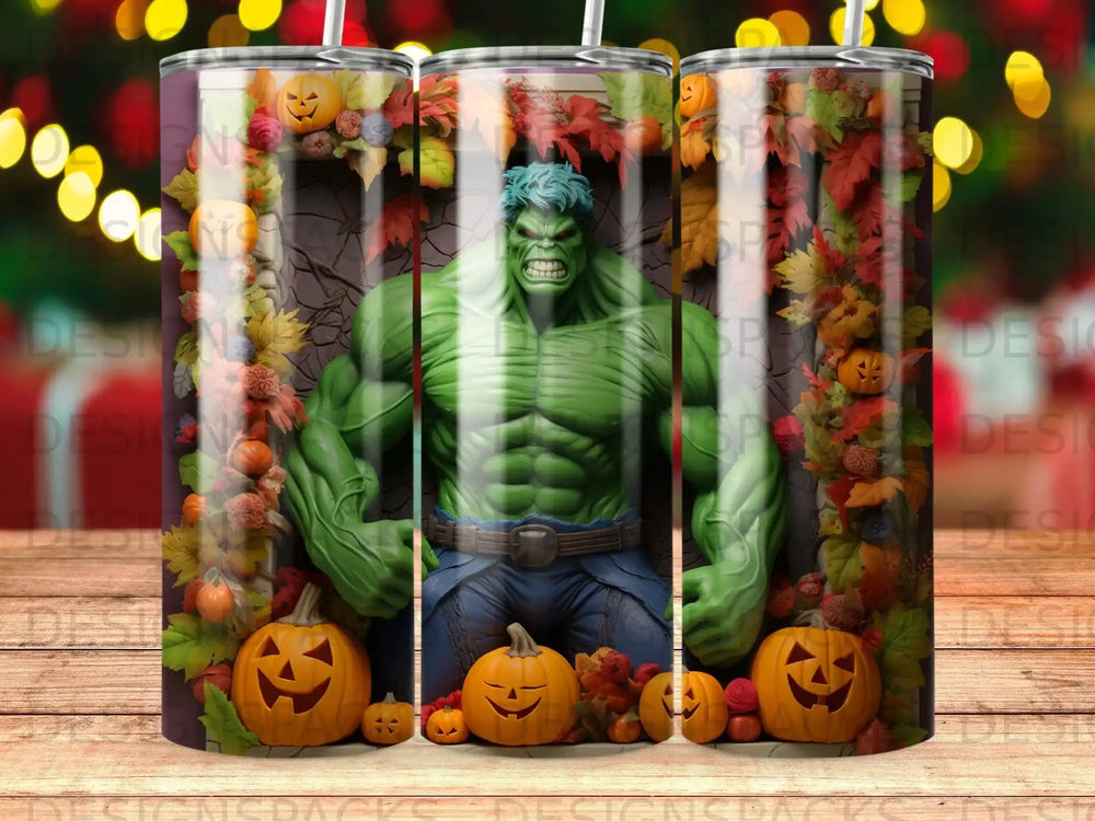 Hulk with pumpkins and autumn leaves, Halloween theme.