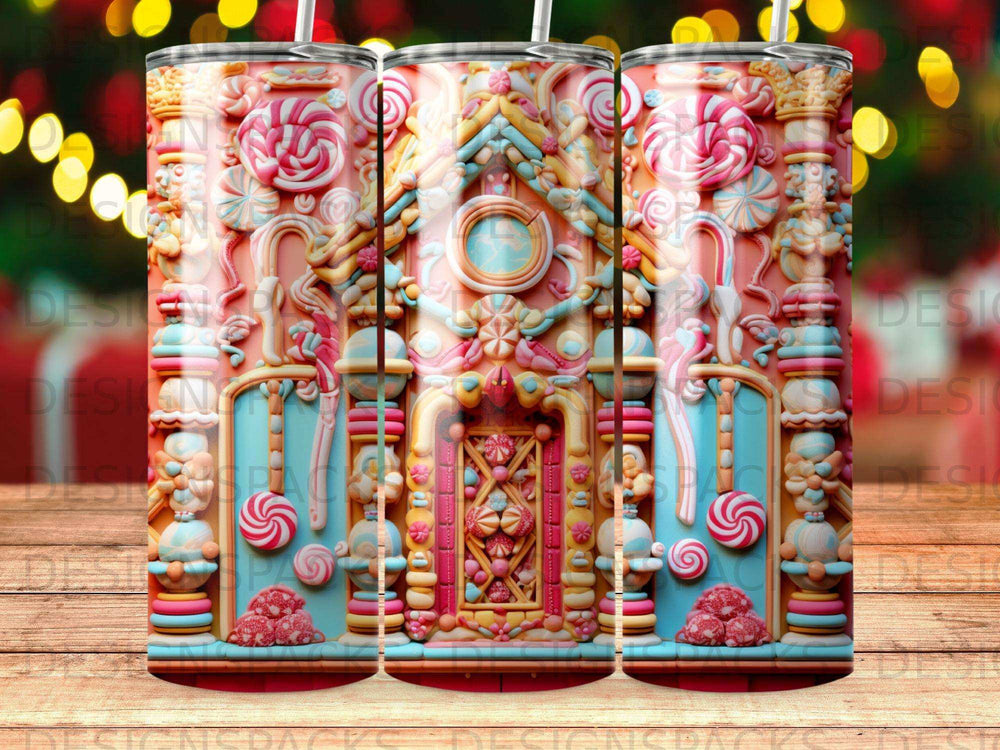 Three tumblers with a colorful gingerbread house design, decorated with candy canes and lollipops.