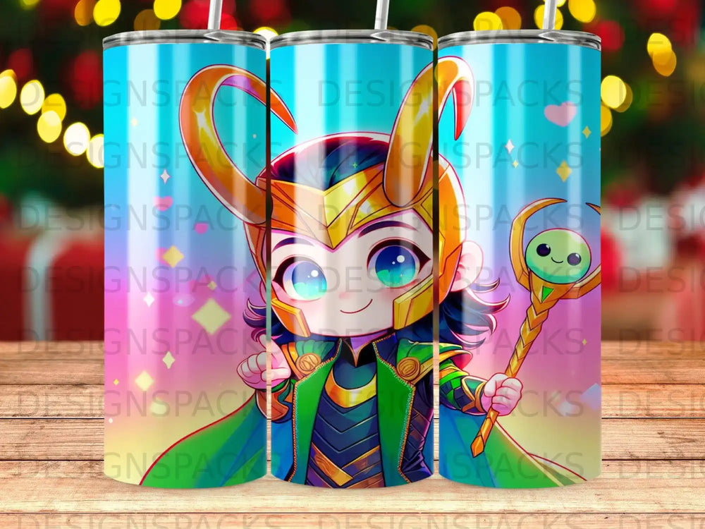 Cartoon Loki holding a staff with a green jewel, on a patterned background.